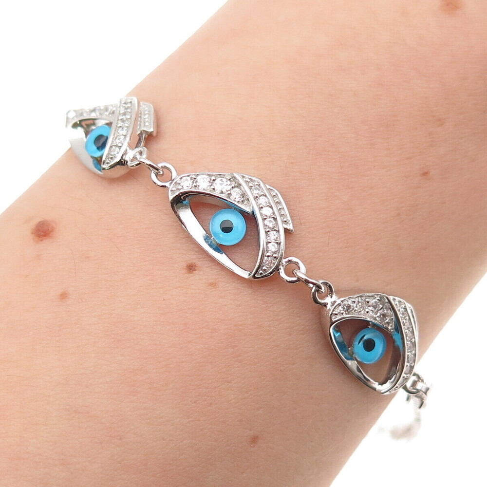925 Sterling Silver Round-Cut C Z Evil's Eye Double Box Link Bracelet 7-8"